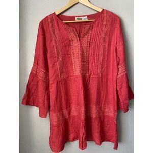 Collections ETC Boho Pink Tunic Blouse Size L Bell Sleeves w/ Lace Trim & Pleats